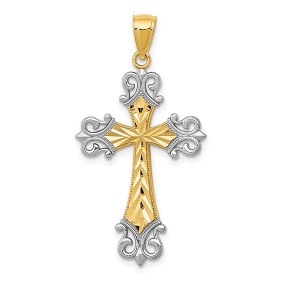 14k Yellow Gold and Rhodium 1 1/8in Fleur de Lis Cross Pendant
