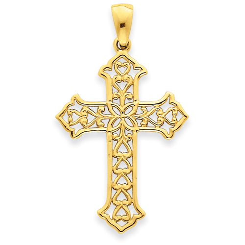 14k Yellow Gold 1 1/4in Budded Cross Pendant With Hearts