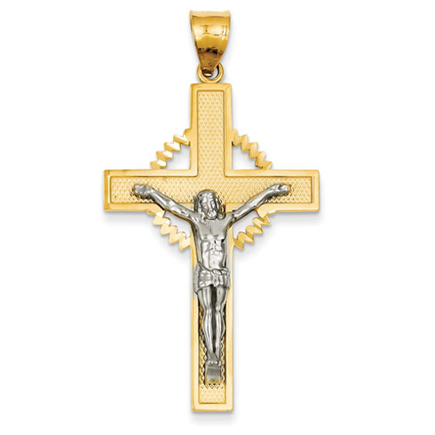 14k Two-tone Gold 1 3/4in Diamond-Cut Crucifix Pendant