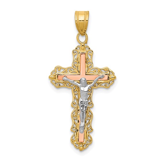 14k Tri-Color Gold Diamond-Cut Crucifix Pendant 1in