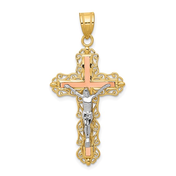 14k Tri-Color Gold 1 1/4in Diamond-cut Crucifix Pendant