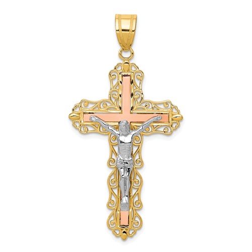 14kt Tri-Color Gold 1 1/2in Diamond-Cut Crucifix Pendant