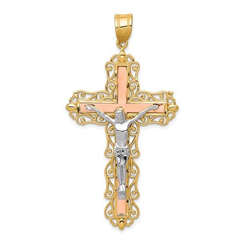14kt Tri-Color Gold 2in Diamond-Cut Crucifix