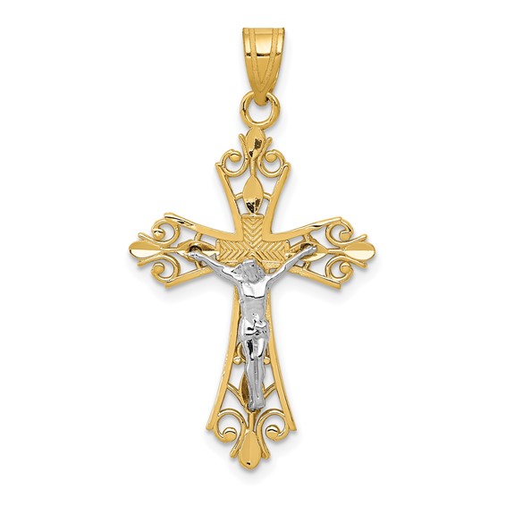 14k Two-Tone Gold Diamond-Cut Fleur de lis Crucifix 1 1/8in