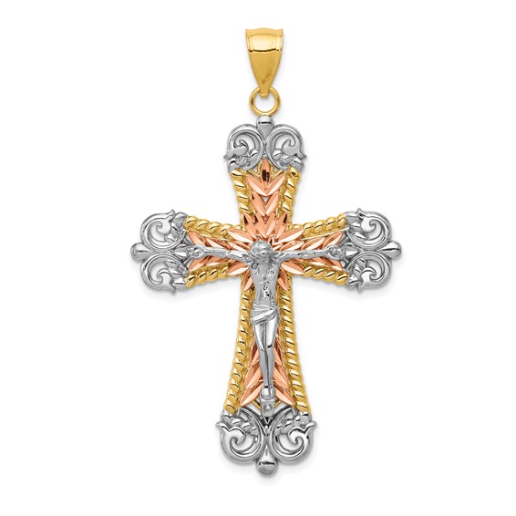 14kt Tri-color Gold 1 3/4in Crucifix Cross Pendant