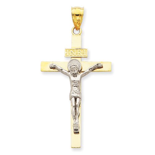 14k Two-tone Gold INRI Flat Crucifix Pendant 1 1/2in