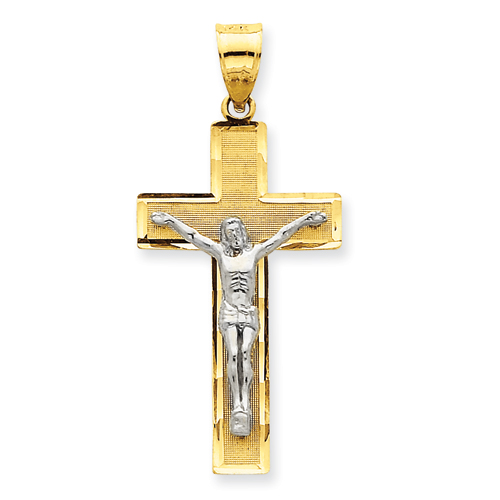 14k Two-tone Gold 1 1/4in Diamond-cut Crucifix Pendant