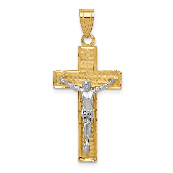 14kt Two-tone Gold 1in Diamond-Cut Block Crucifix Pendant