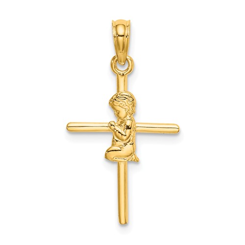14k Yellow Gold Praying Boy Cross Pendant 3/4in