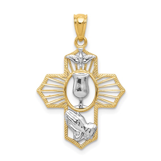 14k Gold Rhodium 3/4in Praying Hands Holy Spirit Cross Pendant