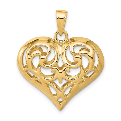 14K Polished 3-D Filigree Heart Pendant 3/4in