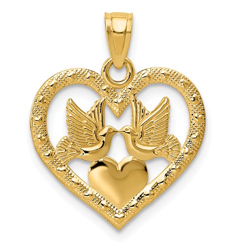 14k Yellow Gold Doves In Heart Pendant 5/8in