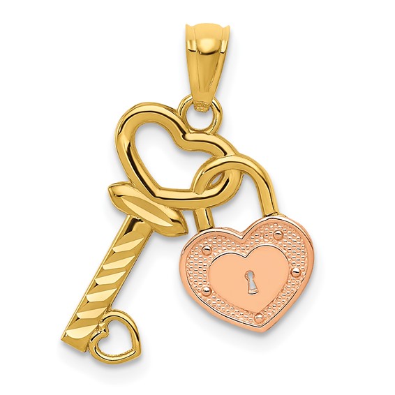 14kt Two-tone Gold 3/4in Heart Lock and Key Pendant