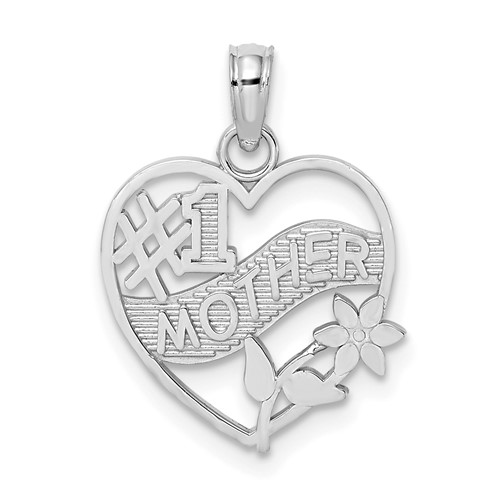 14k White Gold #1 MOTHER in Heart Frame Pendant with Flowers