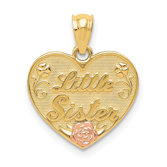 14kt Two-tone Gold Little Sister Heart Pendant with Flowers