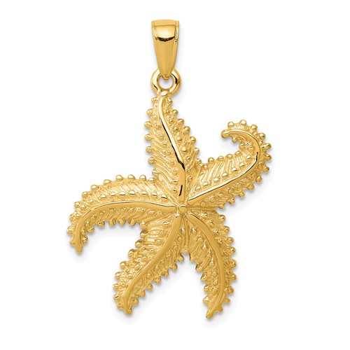 14k Yellow Gold Textured Starfish Pendant with Bent Arms 1in