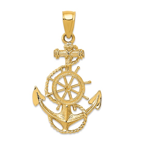14kt Yellow Gold 3/4in Anchor and Wheel Pendant with Rope