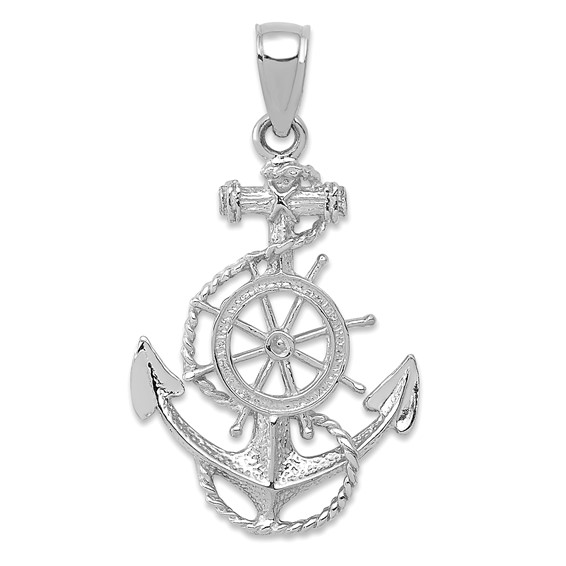 14k White Gold Anchor and Wheel Pendant with Rope 3/4in