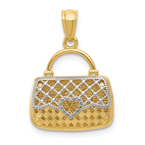 14k Yellow Gold With Rhodium Hearts Handbag Pendant 5/8in