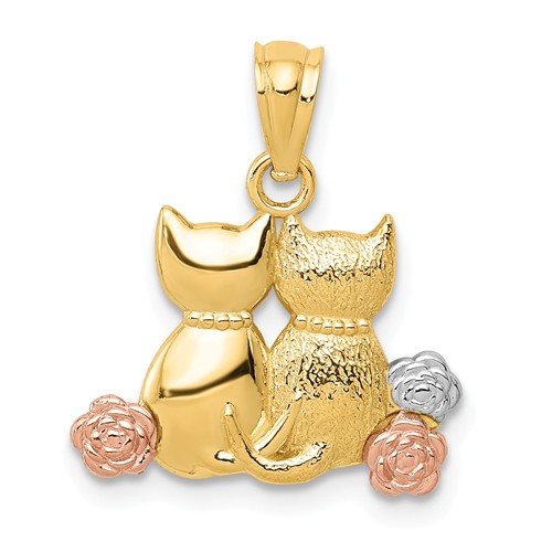 14k Two-tone Gold and Rhodium Cats Pendant with Flowers