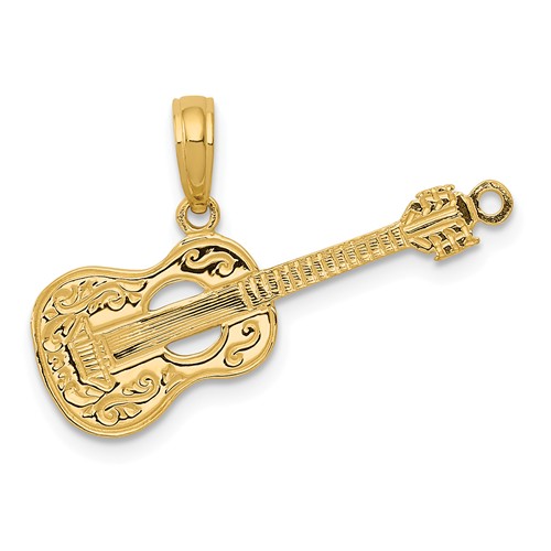 14k Yellow Gold Polished Acoustic Guitar Pendant with Cut-Out Design