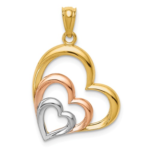 14k Tri-color Gold Hearts Pendant 3/4in