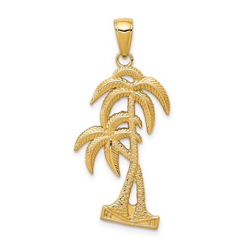 14k Yellow Gold Polished And Textured Palm Trees Pendant 1in