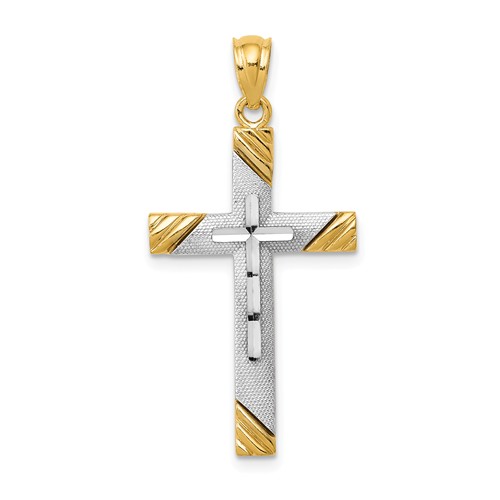 14k Yellow Gold and Rhodium Latin Cross Pendant with Grooved Ends 1in