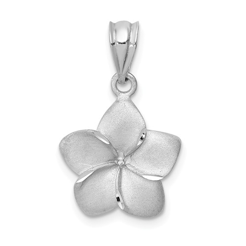 14k White Gold Brushed Diamond-cut Plumeria Pendant 1/2in