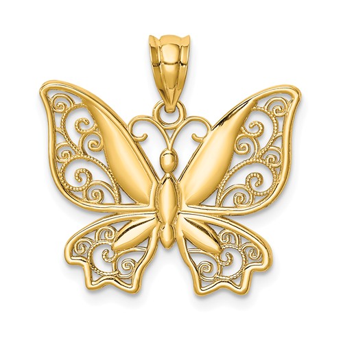 14k Yellow Gold Filigree Butterfly Pendant Polished Finish 5/8in