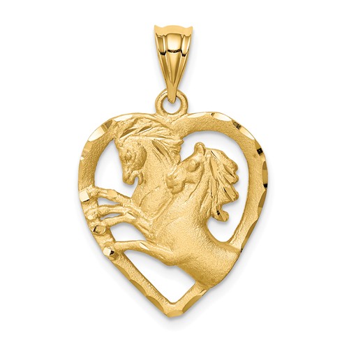 14k Yellow Gold Brushed and Diamond-cut Horses in Heart Pendant 3/4in