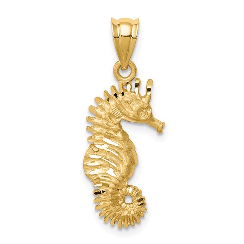 14k Yellow Gold Brushed and Diamond-cut Seahorse Pendant 3/4in