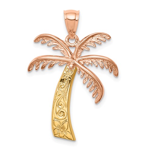 14k Yellow and Rose Gold Palm Tree Pendant 1in