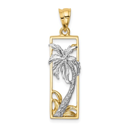 14k Two-tone Gold Palm Tree Pendant with Rectangular Frame 1in