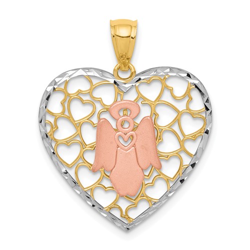 14k Two-tone Gold Rhodium Brushed Polished Angel Heart Pendant 3/4in