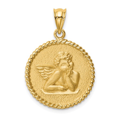 14k Yellow Gold Brushed Polished Angel Medal with Rope Border 5/8in