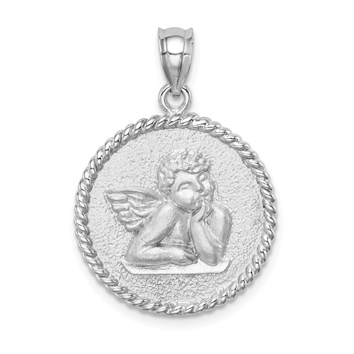 14k White Gold Brushed and Polished Angel Medal with Rope Border 5/8in