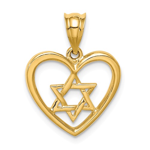 14k Yellow Gold Polished Star of David in Heart Pendant 1/2in