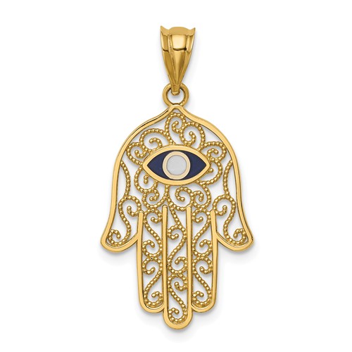 14k Yellow Gold Polished and Enameled Hamsa Pendant 7/8in