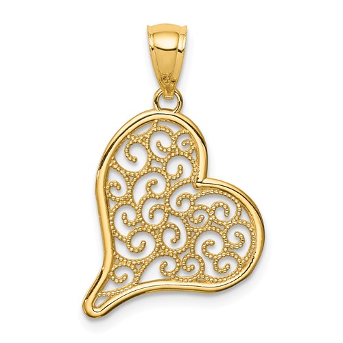 14k Yellow Gold Polished Filigree Heart Pendant 3/4in