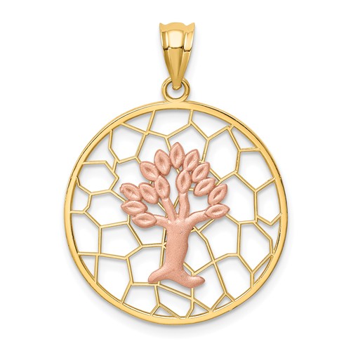 14k Two-tone Gold Brushed and Polished Tree of Life Pendant 7/8in