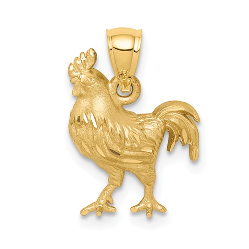 14k Yellow Gold Satin Diamond-cut Rooster Pendant 1/2in