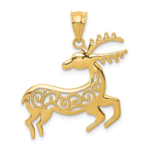 14k Yellow Gold Polished and Filigree Deer Pendant 7/8in