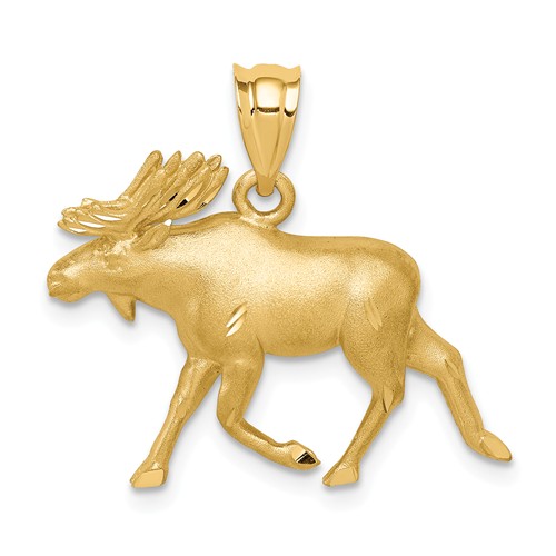 14k Yellow Gold Brushed and Diamond-cut Alaskan Moose Pendant 3/4in