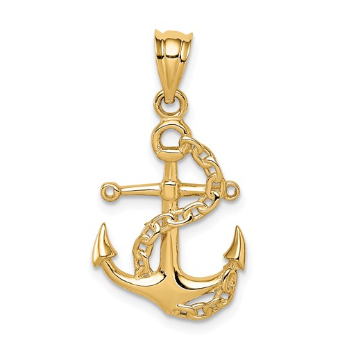 14k Yellow Gold Polished Anchor and Chain Pendant 3/4in D4602