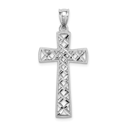 14k White Gold Polished and Diamond-cut Cross Pendant 1 1/4in