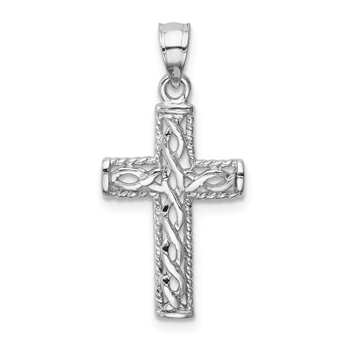14k White Gold Polished Braided Cross Pendant 3/4in
