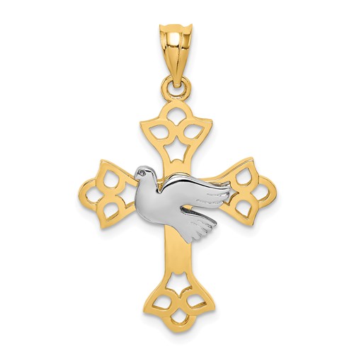14k Two-tone Gold Polished Dove and Cross Pendant 1in