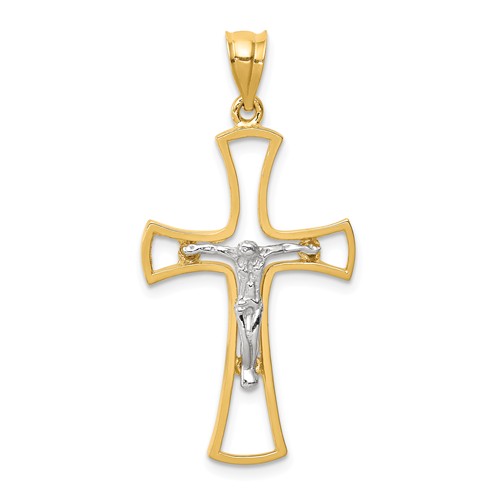 14k Two-tone Gold Polished Outline Crucifix Cross Pendant 1in