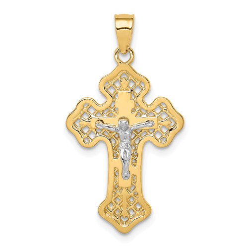 14k Two-tone Gold Budded Mesh Crucifix Pendant 7/8in